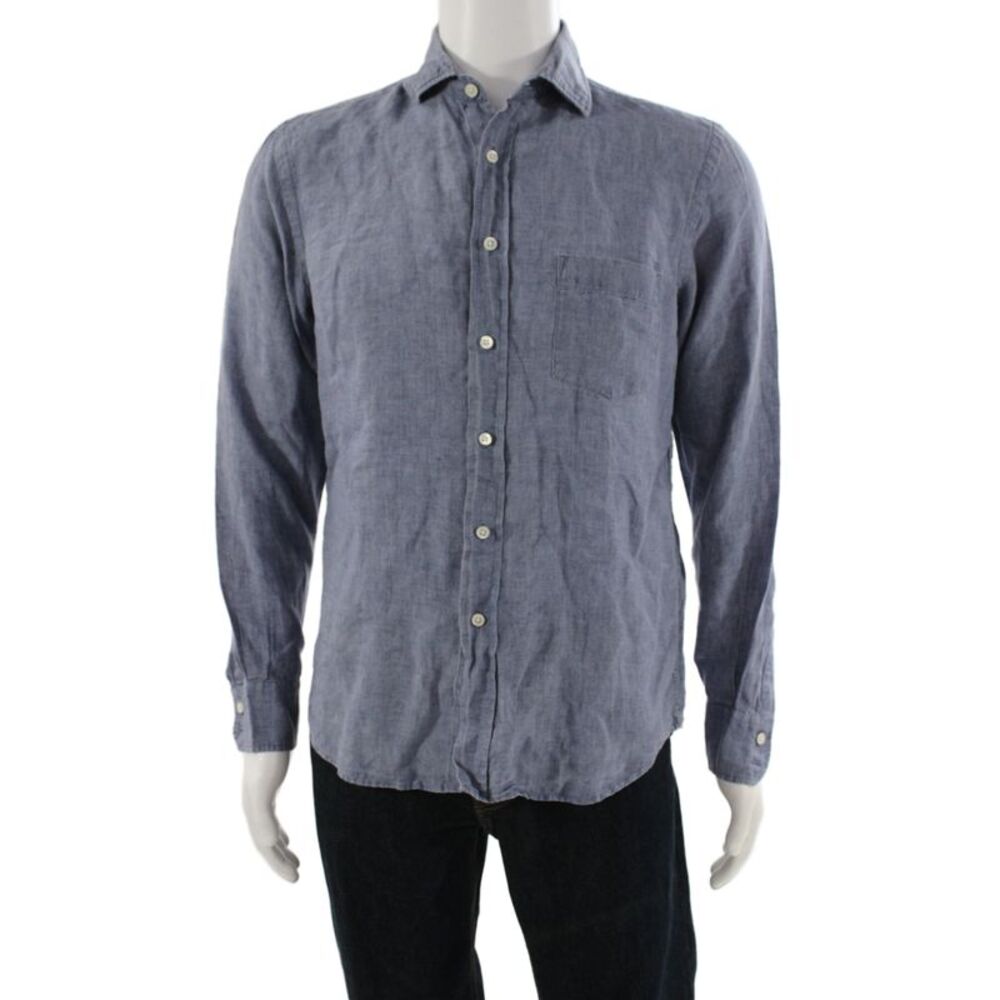 Hartford Mens Linen Long Sleeves Button Down Shirt Blue Size Small